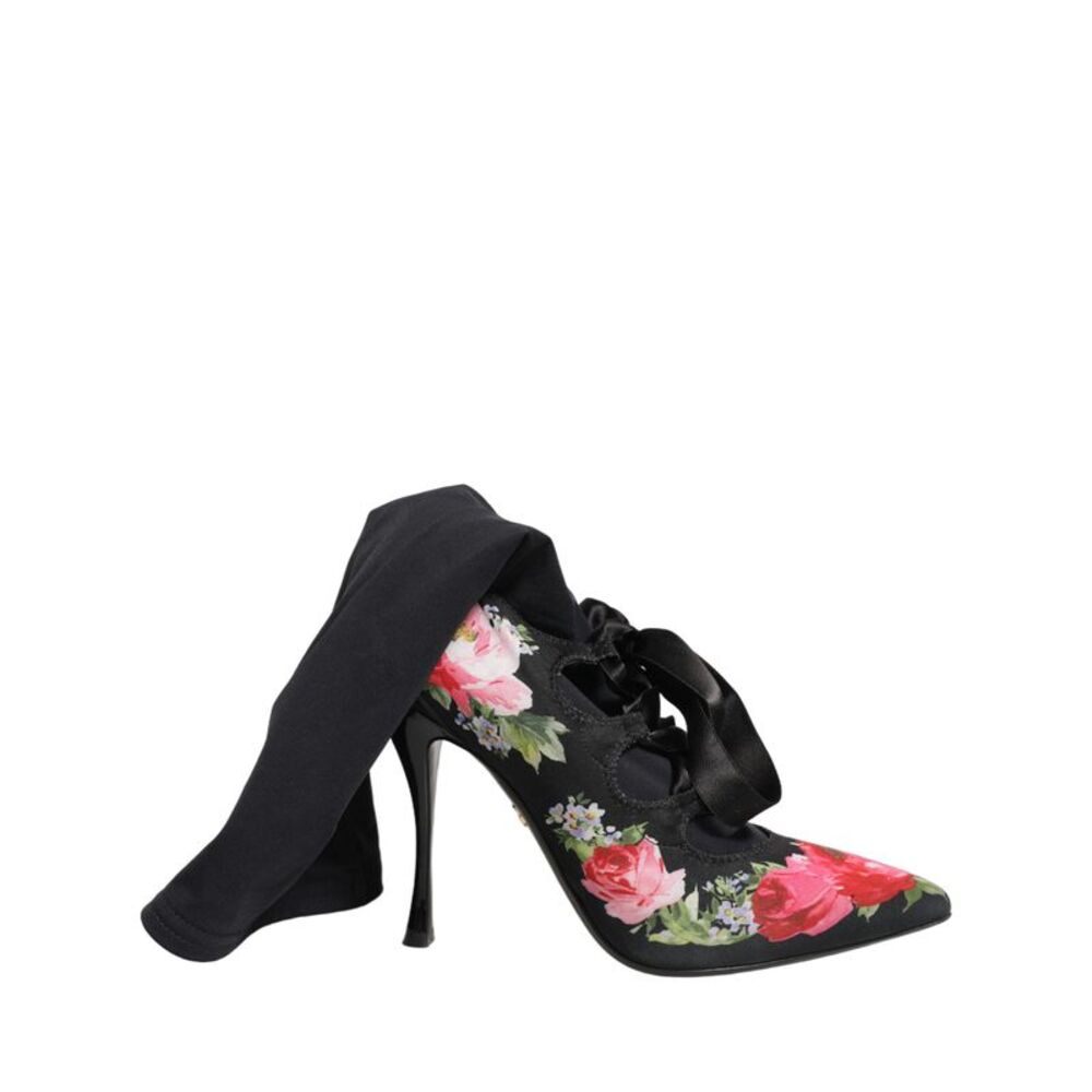Dolce & Gabbana Black Floral Stiletto Mid Calf Boots Women's Shoes